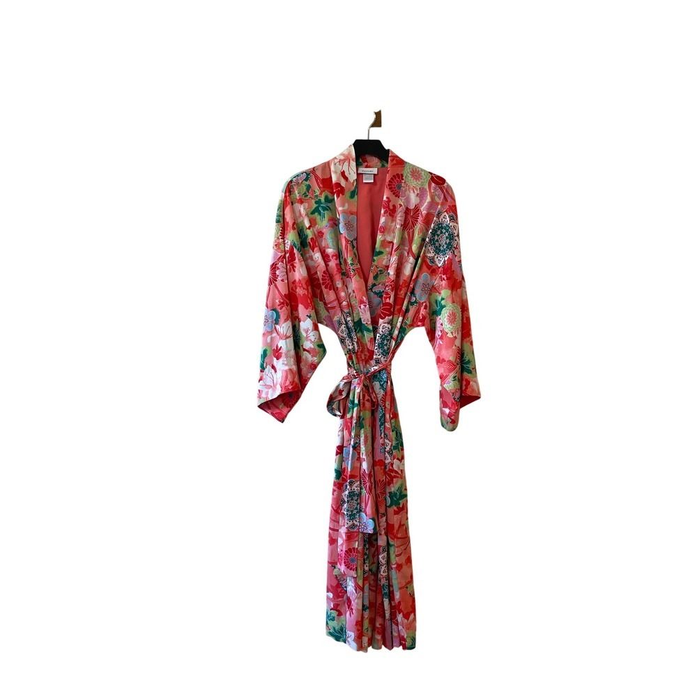Natori Floral Print Kimono‎ Robe Red Green Pink Womens Large Lightweight